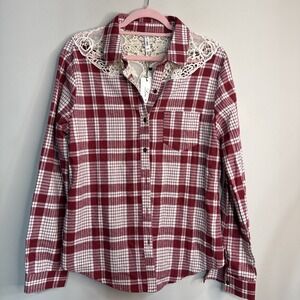 Lori + Mari Red Plaid Lace Yoke Shirt Cowgirl Western Button‎ Down NWT L